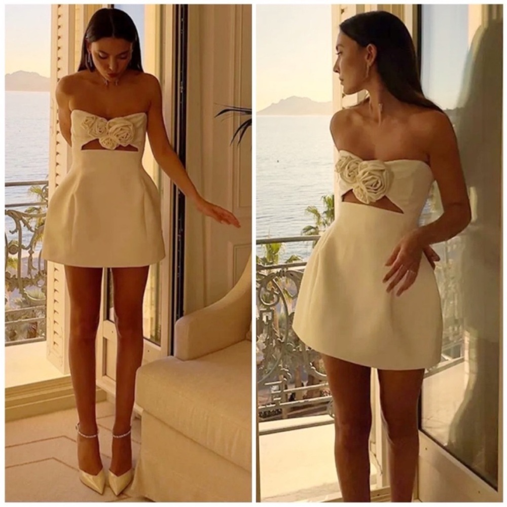 Magda Butrym Floral Appliqué Wool Bustier Bridal Mini Dress Cream